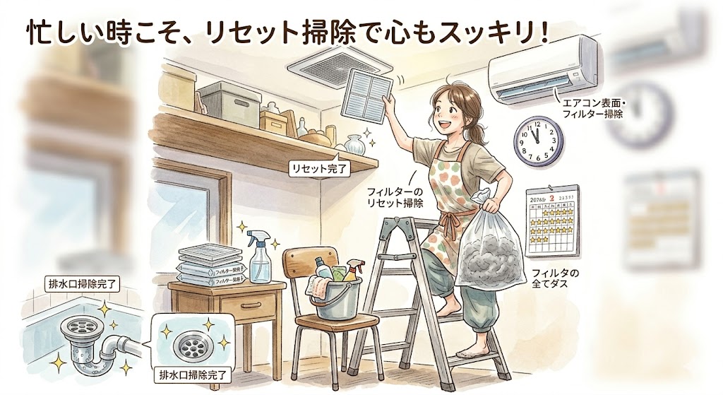 自分では手が回らない換気扇フィルター掃除をしているイメージ画像